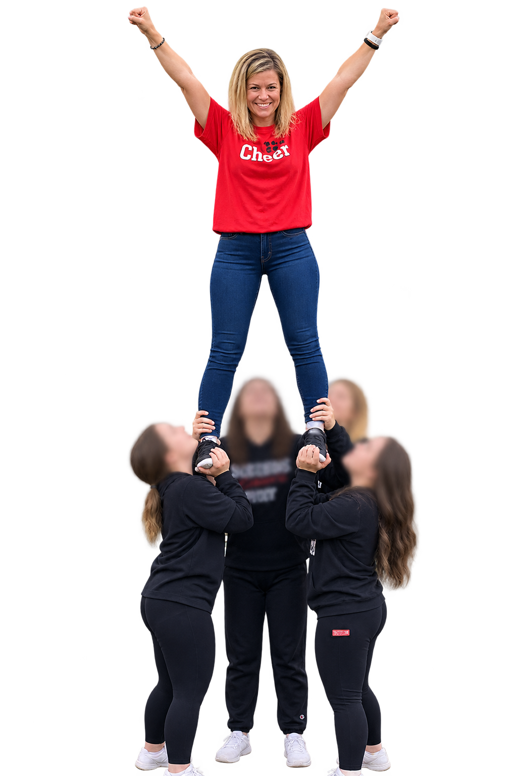 Katie Bowen in a cheerleading stunt with supporting individuals anonymized