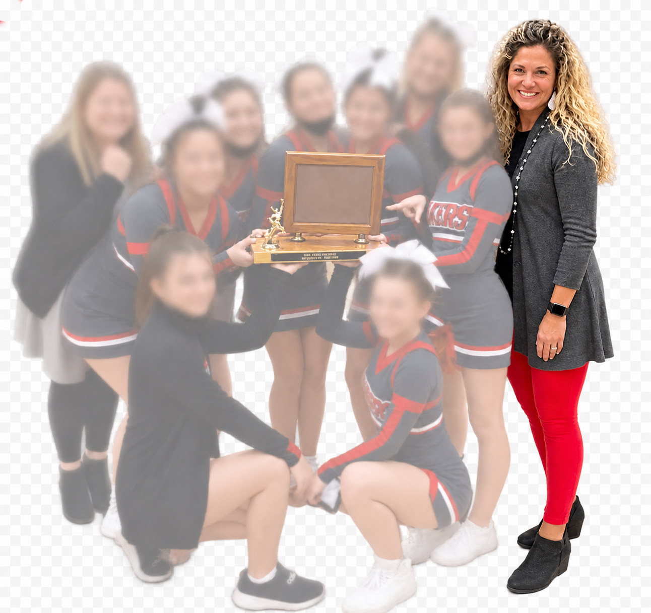 Katie Bowen with an anonymized Spring Lake cheer team and championship trophy